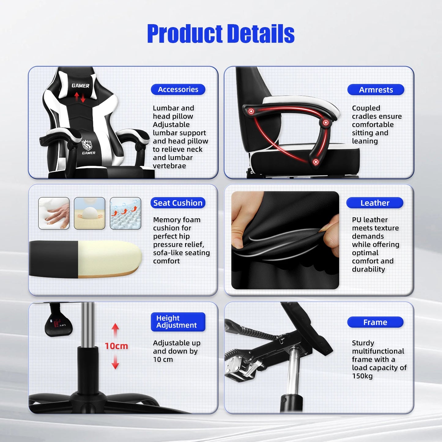 Daccormax Ergonomischer Gaming-Stuhl mit verstellbarer Lordosenstütze und Kopfstütze, Design mit hoher Rückenlehne + faltbarer Fußstütze für PC-Gamer