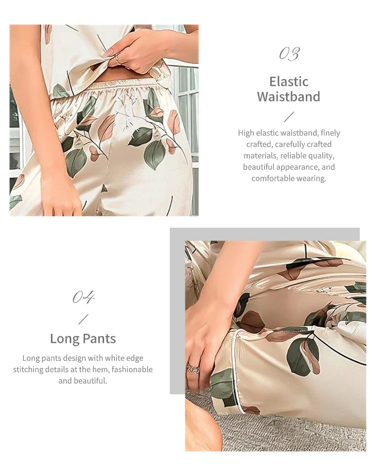 Elegantes Damen-Pyjama-Set aus Satin mit Blattmuster, V-Ausschnitt, Cami-Oberteil und elastische Hose für bequemen Schlaf und Faulenzen.