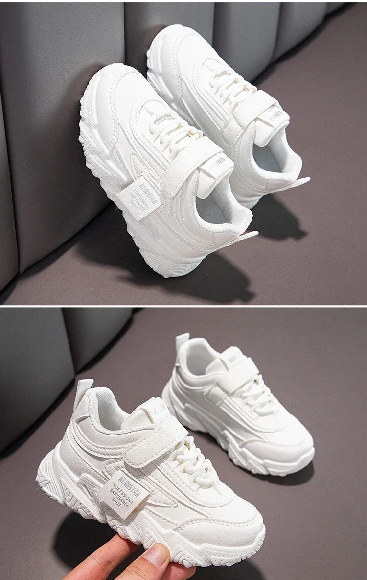 2024 New Versatile Soft Breatheable Hook & Loop White Boys and Girls Children Sneakers Cute Korean Style Uniform School Shoes.