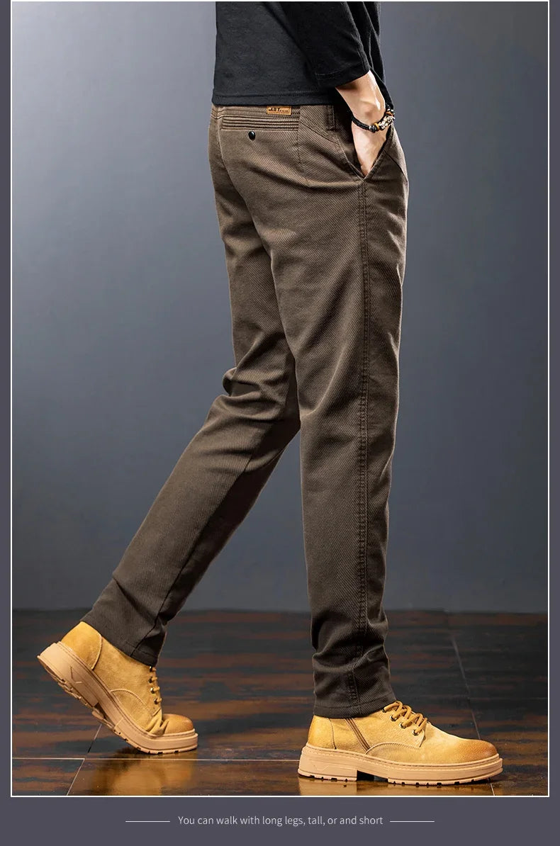 Men's Twill Slim Pants Business Straight Cotton Casual Trousers Brand Fashion Korean Elastic Coffee Black Gray Pant.