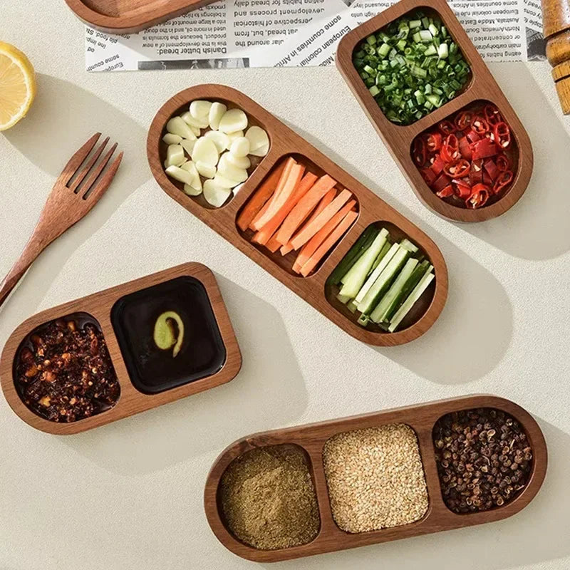 Solid Wood Rectangle Tray 2/3 Grid Condiment Plate Breakfast Sushi Bread Dessert Sauce Plate Kitchen Dinner Seasoning Dish.