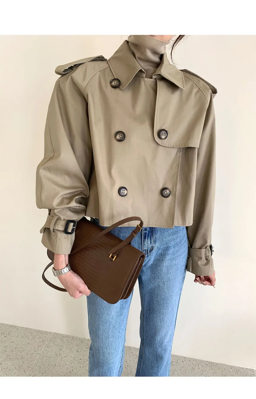 Vintage Zweireiher Graben Jacken Frauen Lose Chic Büro Dame Crop Tops Herbst Weibliche Mäntel Alle-spiel Lose Windjacke.