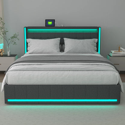 Lazyspace Leinen-Polsterbett mit 4 Schubladen, moderner Doppelbettrahmen mit LED-Beleuchtung und USB-Ladeanschluss, funktionelles Bett