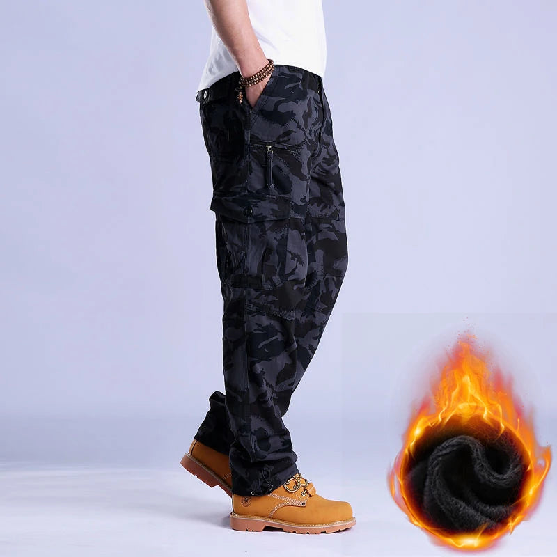 Autumn Winter Mens Cargo Pants Fleece Warm Trousers Cotton Pants Insulated Hiking Running Pants Man Multiple Pockets.