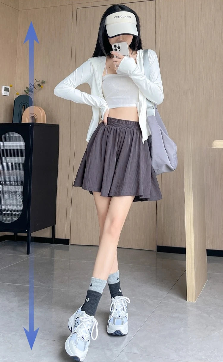 Women Quick Dry Sporty Short Pants Summer Thin Pleated Shorts Skirts High Waist A- Line Five Quarter Pants Cool Wide Leg Pants.