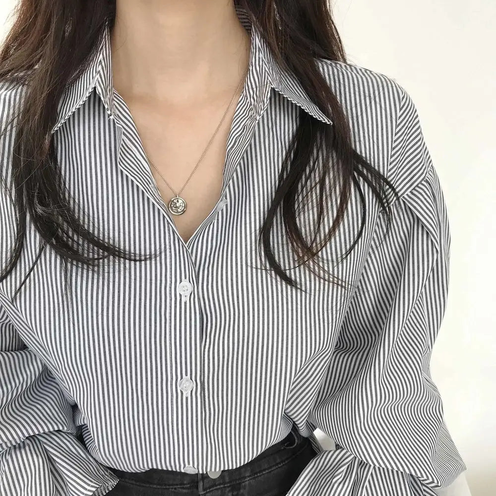 oose Stripe Women Shirts 2025 Fashion Lapel Collar Long Sleeve Shirt Elegant Classic Top.