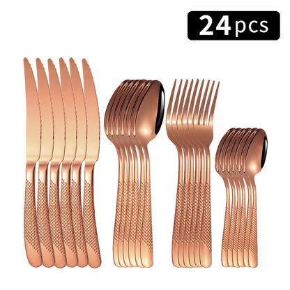 24pc Stainless steel tableware star steak knife and fork dessert fork spoon family suits.