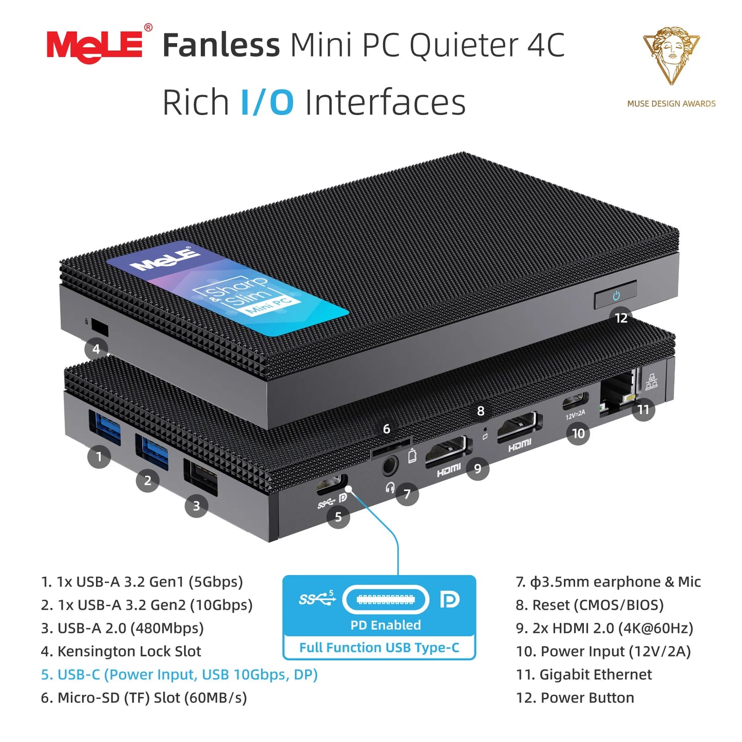 MeLE Quieter4C N150 Fanless Mini PC 32GB LPDDR5 512GB Micro Desktop Computer,4K,Dual HDMI,All-in-One USB-C WiFi 5 BT5.1 Ethernet.