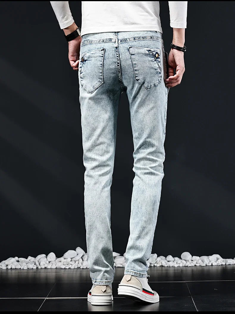 Slim Skinny Jeans Men New Elastic Korean Design Fashion Multi-Button Blue White Vintage Wash Cotton Stretch Denim Pants Trousers.