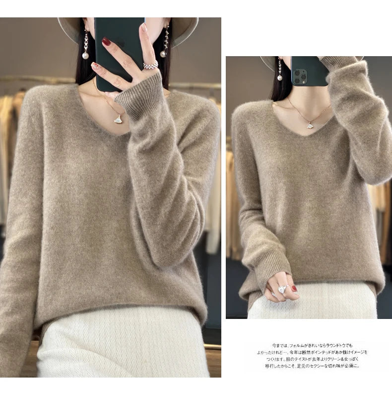 2024 100% Merino Reine Wolle V-ausschnitt Herbst Und Winter Pullover Pullover Neue Kaschmir Pullover frauen Beiläufige Gestrickte Top DMR201