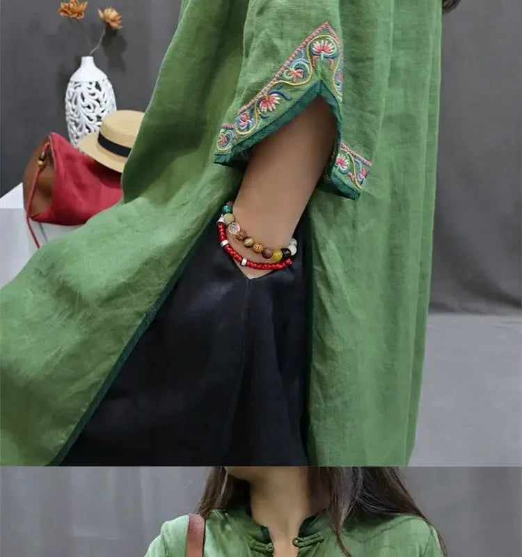 Damen-Bluse im Vintage-Stil aus Baumwolle und Leinen, mittellang, siebte Ärmel, Stickerei, ethnischer Rock mit lockerer Passform, chinesischer Stil.