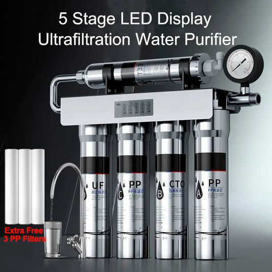 EIREE Stainless Steel 5-Stage Water Purifier with Digital Display&Pressure Gauge Under Sink Kitchen Filter System Water Purifer.