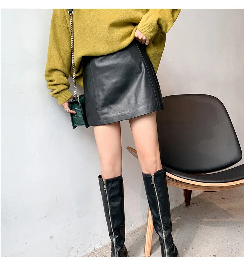 Sheepskin Leather Skirt Women 2024 Fashion New High Waist Skirt Spring Autumn Slim Mini Skirt Genuine Leather Shorts Boots Y2k.