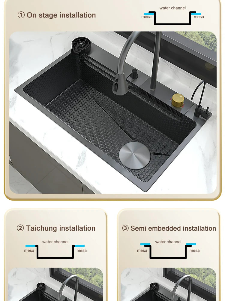 Waterfall Sink Kitchen Stainless Steel Topmount Sink Embossed Large Single Slot Wash Basin With Multifunction Tank Low Price