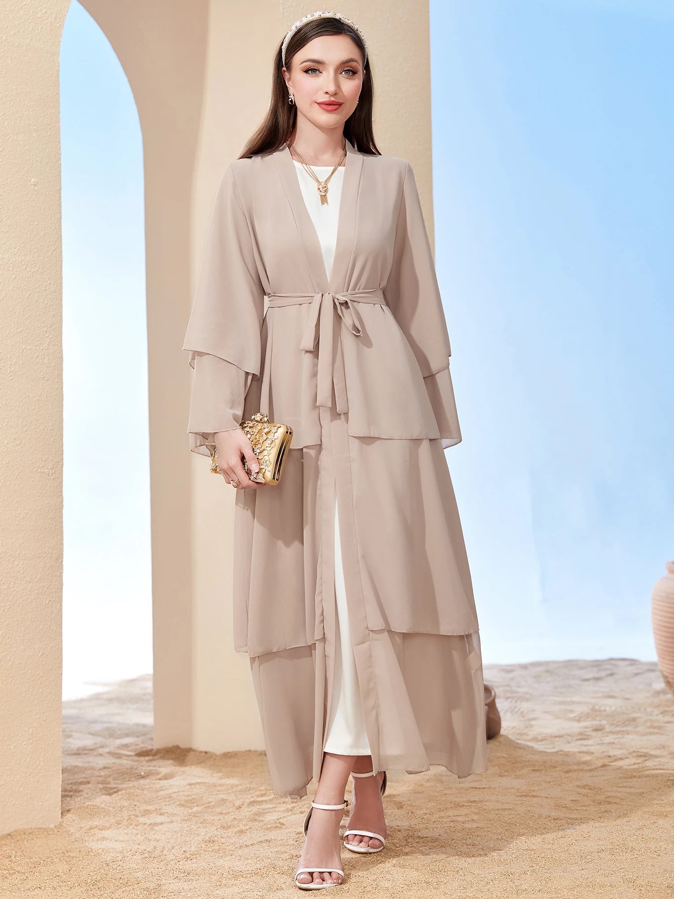 Ramadan kebaya Layered Open Front Abaya, Long Sleeve Dress With Belted , Without Hijab, Women's Clothing.