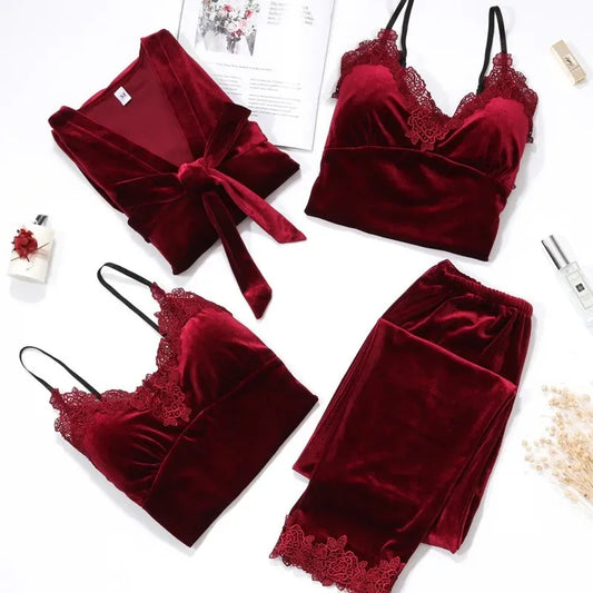 Autumn Velvet Women 4PCS Pajamas Set Sleepwear Burgundy Velour Bathrobe Nightwear Lace Patchwork Pijamas Suit Sexy Negligee.
