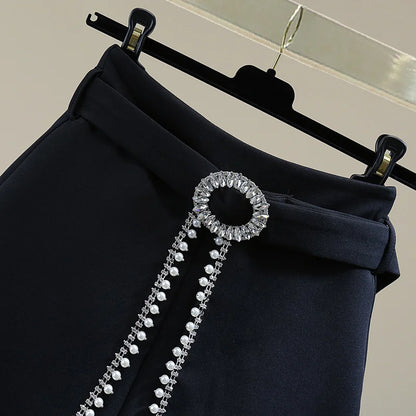 2025 Spring Summer New Simplicity Fashion Diamonds High Waist Shorts Women Clothes Fashion Patchwork Solid Color Wide Leg Pants.