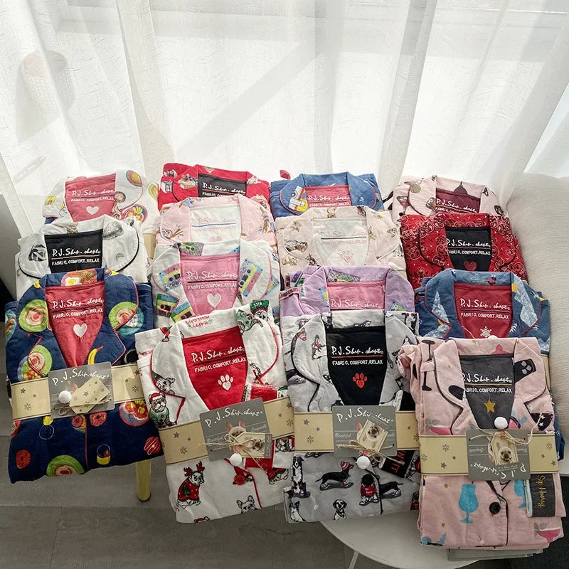 2025 New Pajamas Suit Cotton 2 Piece Set Women Print Cartoon Nightwear Long Sleeve Trousers Set Autumn Loungewear Home Clothes.