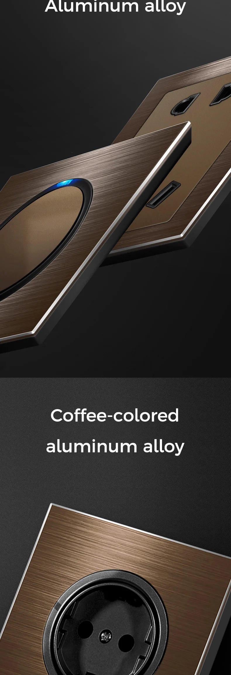 YINKA Schaltersteckdose, Aluminium, gebürstetes braunes Panel mit LED-Anzeige, EU-Steckdose, Schalttafel, elektrischer Lichtschalter, AC110–250 V, NET.