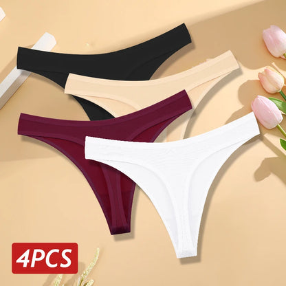 4PCS/Set Women Cotton Panties Seamless Low Rise Thongs V-Waist Solid Color Breathable Underwear Female Soft Lingerie Intimates.