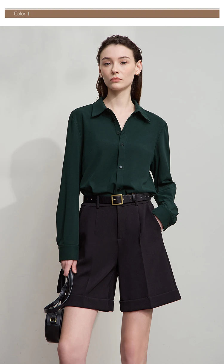 AMII Office Lady Shirt 2025 Autumn New Minimalism thick Long Sleeves Blouse Elastic Cotton Lapel Women's Clothing 12553079.