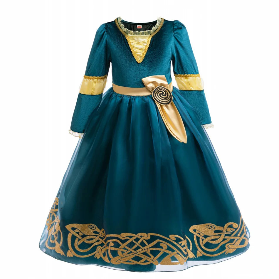 Girls Merida Cosplay Princess Dress Children Stage Performance Clothes Kids Halloween Carnival Party Long Sleeves Outfits.