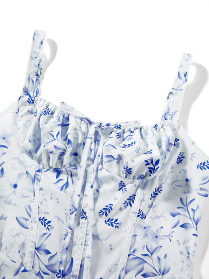 Combhasaki Damen-Kleid, elegant, Blumendruck, tief ausgeschnitten, zum Binden, ärmellos, Cami, figurbetont, Korsett, kurzes Kleid, Sommer, rückenfrei, Party, Clubwear.