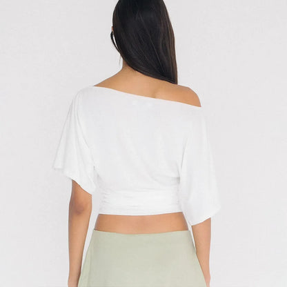 Cryptographic One Shoulder Ruched Asymmetrical Tops for Women Outfits Sexy Short Sleeve Casual Tops Slim T-shirts Summer Clothes