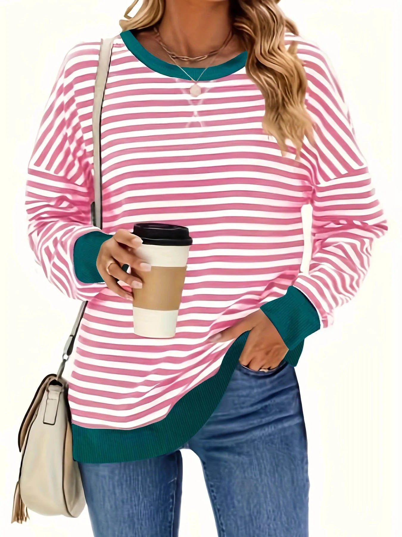 2024 Plus Size Europa und die Vereinigten Staaten Herbst und Winter neue Rundhals ausschnitt gestreifte lose lang ärmel ige Hoodie Frau.