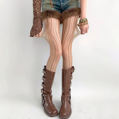 Female Vintage Fishnet Lace Pattern Tights Hollowed Rhombus Striped Geometric Jacquard Pantyhose Anti-pilling JK woman Legging