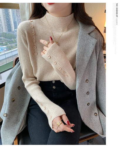 Langarm Beiläufige Dünne Pullover Mode Taste Grundlegende Gestrickte Tops Frauen Rollkragenpullover Koreanische Mode Einfache Chic Kleidung.