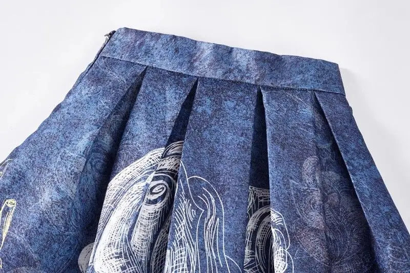 Blue Painting Vintage High Waist Ball Gown A-line Loose Women's Skirt Knee-Length Long Skirts For Women Clothing Fashion 2025.