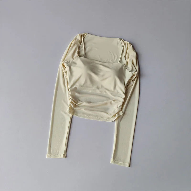 Yoga Clothes Women Sports Tops Fixed Chest Pads Mesh Splicing Slimming Long Sleeves Fashionable Running Training Fitness Clothes.