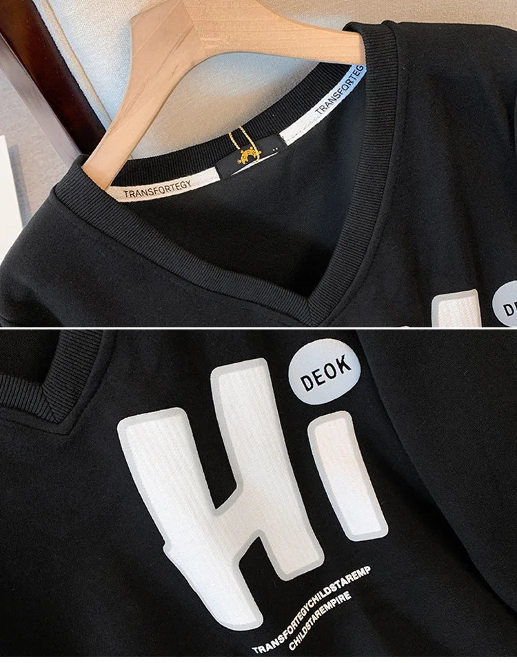 150kg plus size Damen büste Herbst Frühling loser V-Ausschnitt Brief druck Langarm Sweatshirt 6xl 7xl 8xl 9xl 10xl.