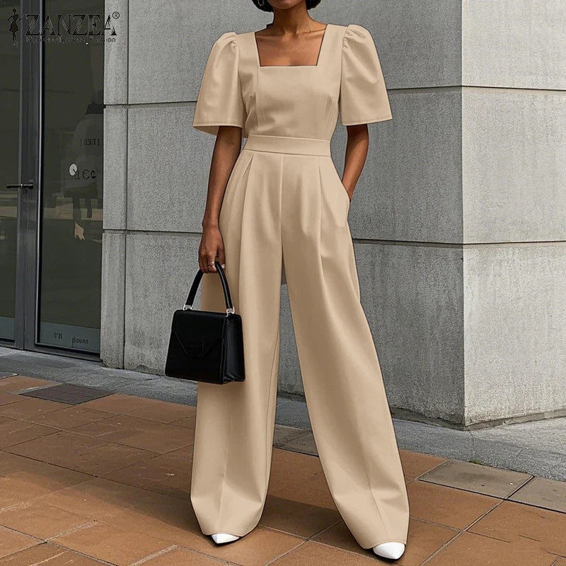 ZANZEA Street Fashion Elegant Womens Jumpsuits Sqaure Neck Short Sleeve Fitted Waist Wide Leg Pant Overalls Summer Streetwear.