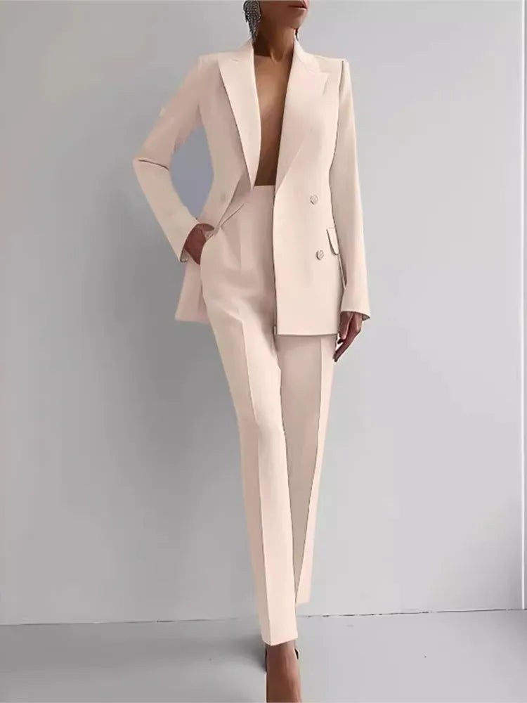Spring Casual Long Sleeve Suit Set Autumn Elegant Office Lady Solid Slim Tops Blazer Pants Two Piece Sets Women Outfit 2025.