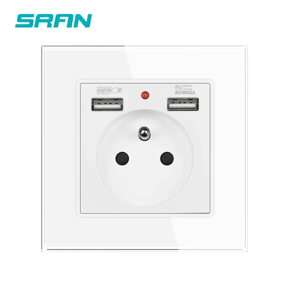 SRAN Französische USB-Wandsteckdose 5 V 2,1 A, Kristall-Hartglasscheibe 16 A 220 V 82 x 82 mm Steckdose Frankreich-Standard mit Abdeckung