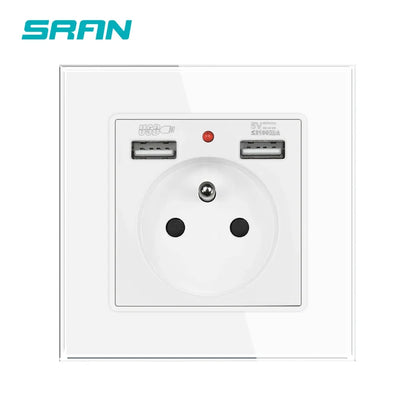 SRAN Französische USB-Wandsteckdose 5 V 2,1 A, Kristall-Hartglasscheibe 16 A 220 V 82 x 82 mm Steckdose Frankreich-Standard mit Abdeckung