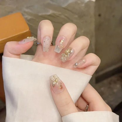 24Pcs Mid-Length Fake Nails 3D Flower Pearl Designs Nude Pink Color Press on Nails Ballerina False Nails for Women DIY Manicure.