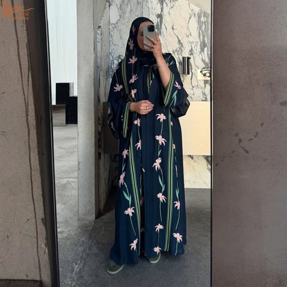 Uni Islamic Clothing Modest Abaya Women Muslim Dress Front Open Printed Abaya 2025 With Hijab Scarf Two Piece Set for Summer.