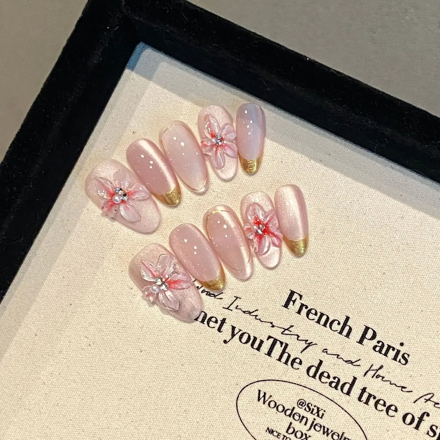 10Pcs Short Handmade Pink Press on Nails Spring French Rhinestone Full Cover Fake Nail Plaid Manicure Wearable Nail Tips Art.
