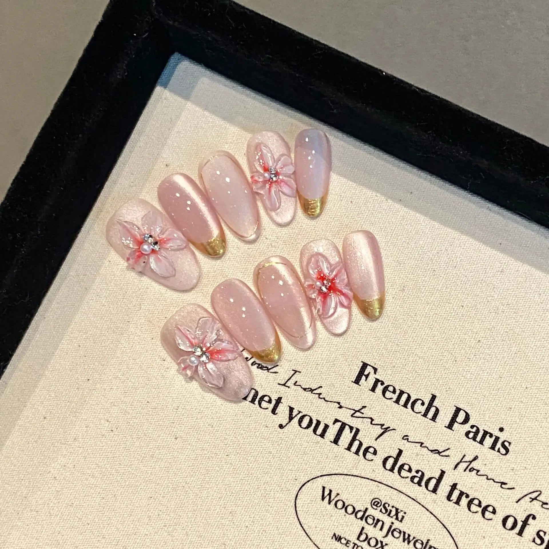10Pcs Short Handmade Pink Press on Nails Spring French Rhinestone Full Cover Fake Nail Plaid Manicure Wearable Nail Tips Art.