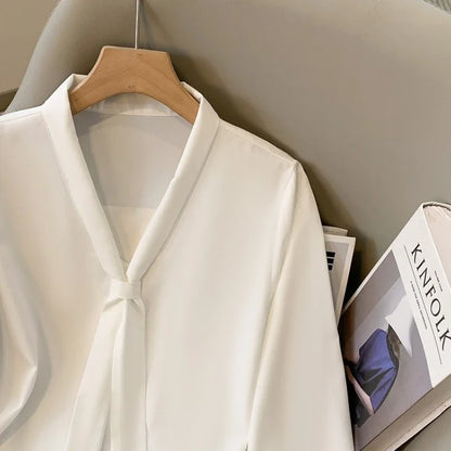 Loose Long Sleeve V-Neck Work Shirt for Women Plus Size Women's Blouses Fashion Versatile Autumn Bow Tops Trendy Business Shirts.