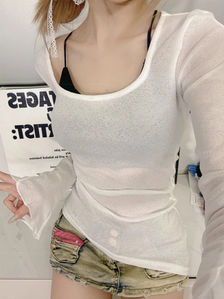 Mesh Sheer Irregular T Shirt For Women New Long Sleeve See-Through Korean Pullover Tops Sexy Autumn Girls Top Tee Shirt Casual.