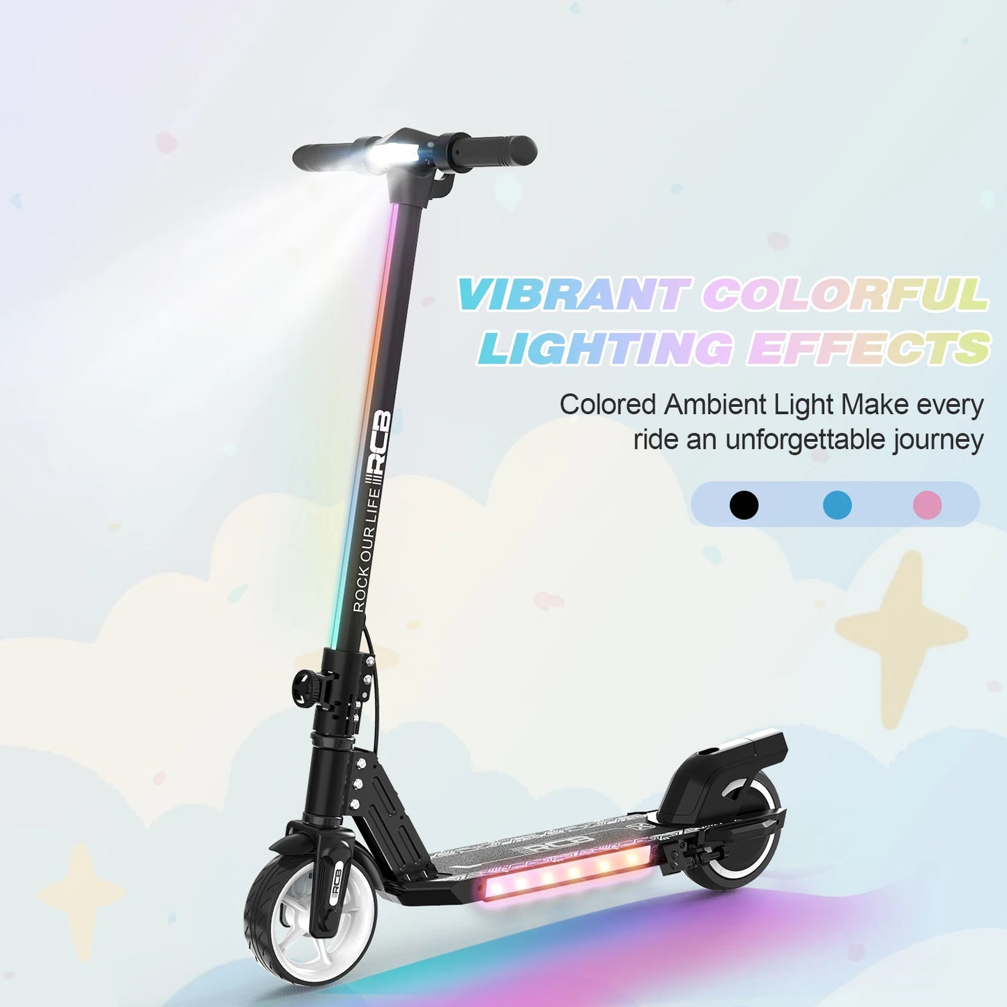 RCB R12 Electric Scooter for Kids Age 6-12, Colorful Lights, 6.5" Foldable E Scooter, LED Display, Lightweight Electric Scooter.