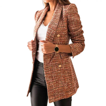 Frauen Herbst Blazer Revers Strickjacke Lange Ärmeln Doppel-breasted Slim Fit Warm Lässige Dick Plaid Print Lady Mantel für arbeit Jacke.