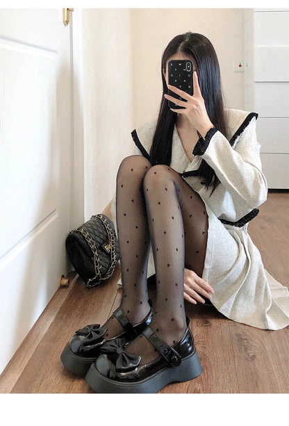 Heart Print Women Tights Ultra-thin Nylon Thigh High Stockings Pantyhose Women Lingerie Female Hosiery High Waist Body Stockings