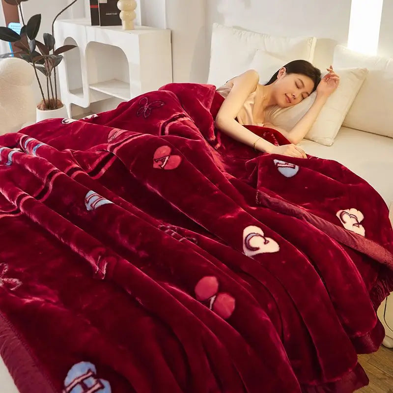 Red Rose Pattern Plush Blanket Upgraded Thickened Cold Resistant Quilt Multi Purpose Machine Wash Skin Friendly Bedding Sheet