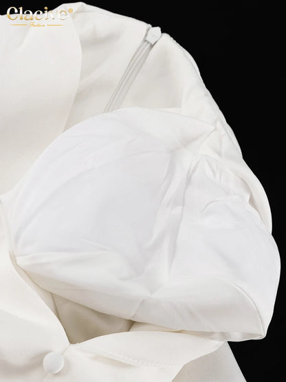 Clacive Sexy schlankes weißes Damenkleid 2025, modisches V-Ausschnitt, lange Ärmel, knöchellanges Kleid, elegantes, klassisches, geschlitztes Damenkleid.