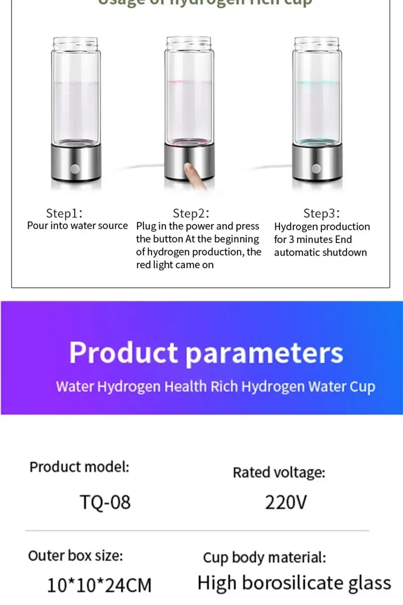 Rich Hydrogen Water Cup Portable Hydrogen Water H2 Generator Alkaline Maker Ionizer Bottle Super Antioxidan Titanium Filter.